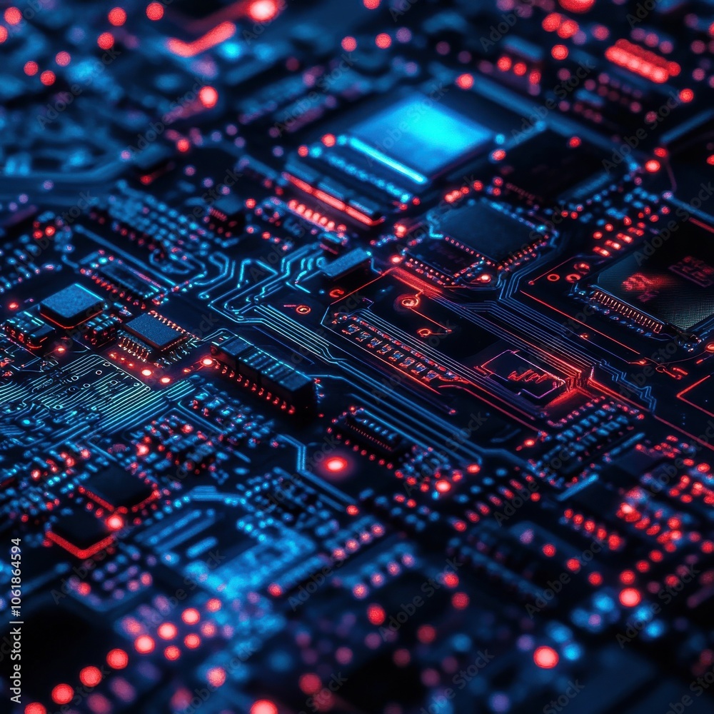 Fototapete detailed close-up of a bright circuit board showcasing intricate pathways and components in a high-t