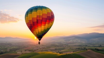 Fototapeta premium A vibrant hot air balloon rises above lush landscapes at sunset, offering a stunning view of nature's beauty.