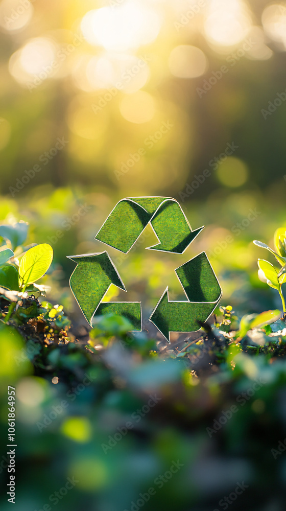 Poster recycle symbol placed on lush soil with a backdrop of a green forest and golden sunset glow