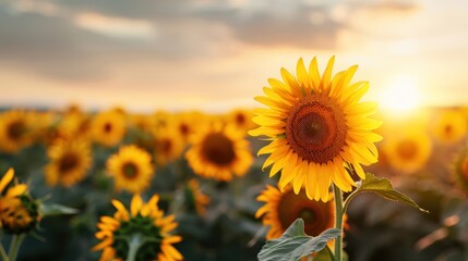 Obraz premium A vibrant sunflower stands tall in a sunlit field, surrounded by blooming flowers under a golden sky, evoking feelings of warmth and cheer.