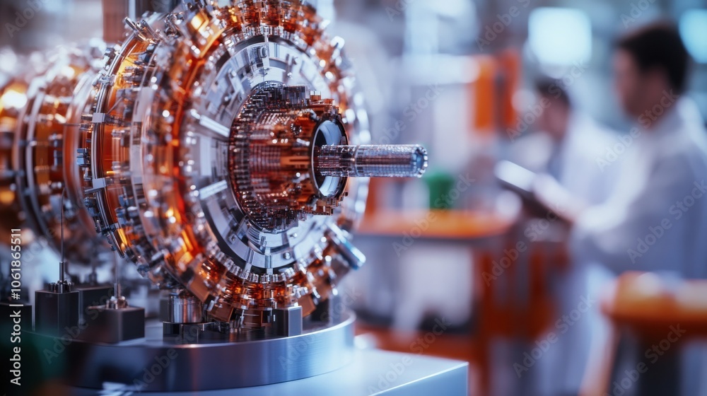 Poster close-up view of a particle collider model showcasing intricate components in a research lab environ