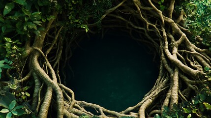 A circular opening framed by a tangled mass of tree roots, revealing a dark, mysterious interior.