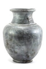 A metallic, weathered pot with a wide body and narrow neck, likely used for storage or decoration.