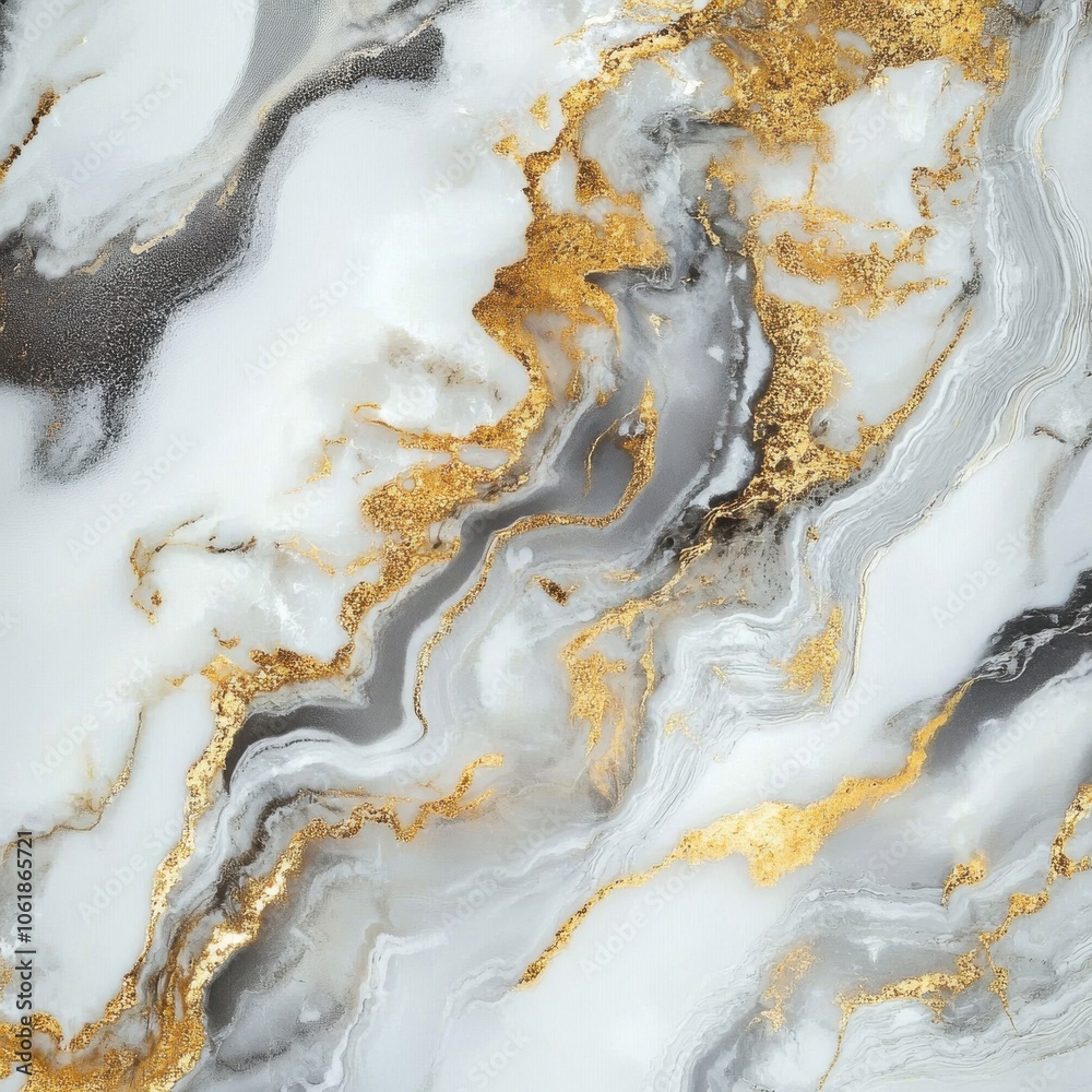 Poster a close-up view of a striking marble texture featuring elegant swirls of gray and gold on a polished