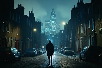 Empty city street at night with a single person walking alone under streetlights.