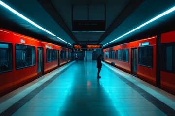 Empty train station platform with a lone figure waiting in the distance.