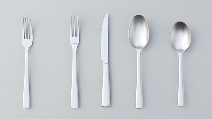 Silverware set on gray background, cutlery, fork, knife, spoon, stainless steel