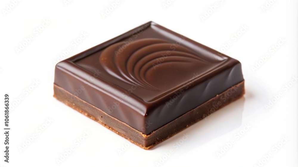 Poster a single piece of dark chocolate with a swirling design on top, resting on a white surface.
