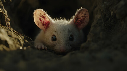 White Mouse Peeking Out Of Burrow, rodent, hole, looking, curious, animal