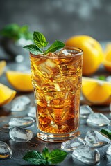 Iced Tea with Mint and Orange Slices on a Dark Surface