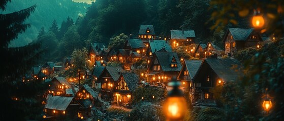 Naklejka premium A picturesque winter village illuminated by warm lights during a snowy evening
