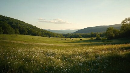 Expansive meadows under a tranquil sunset with grazing cattle in a picturesque valley