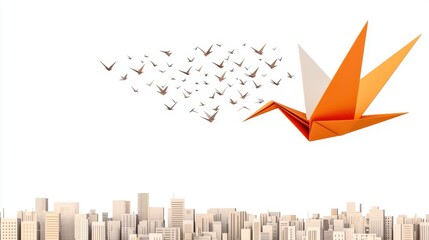 A vibrant orange origami crane flying above a cityscape with white background.