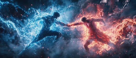 Dynamic clash of elemental forces representing ice and fire, captured in a dramatic struggle between two powerful beings