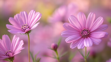 Delicate Pink Cosmos Flowers in a Field of Blooms
