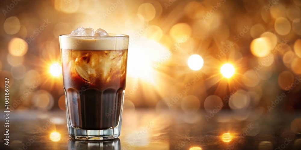 Poster A Cold Refreshment with Ice Cubes and a Frothy Top, Captured Against a Warm Golden Bokeh Background