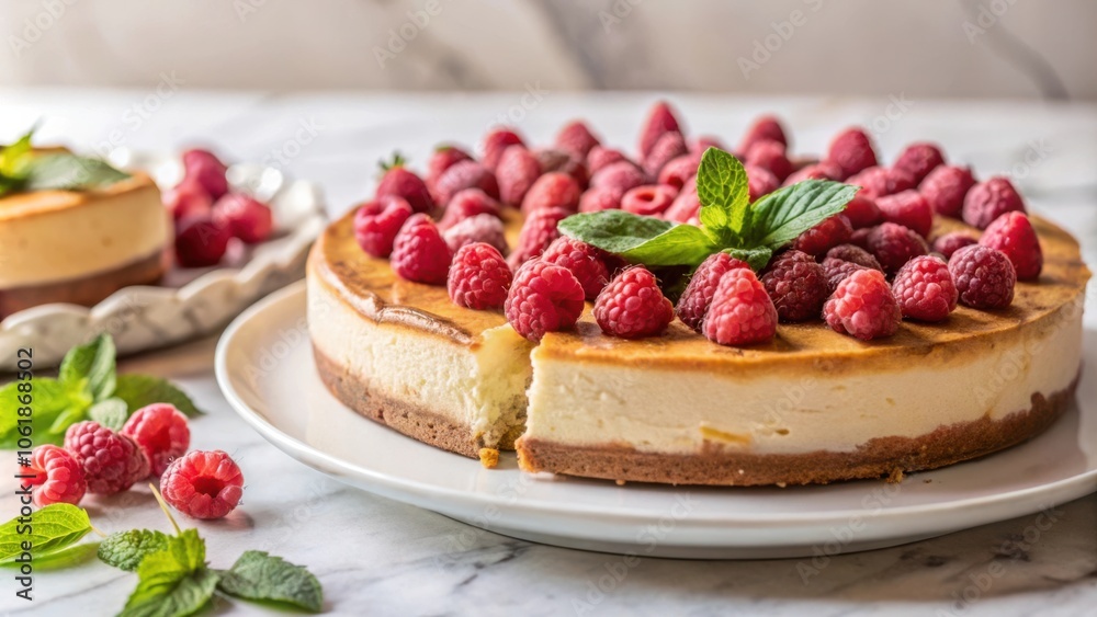 Poster a creamy cheesecake topped with a generous layer of fresh raspberries and a sprig of mint, a delight