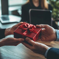 A professional setting where a red gift box is exchanged between two individuals, symbolizing appreciation and teamwork in a business environment.