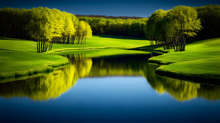 Fototapeta premium Serene Lake Reflection in a Lush Green Meadow, river, water, trees, forest, grass
