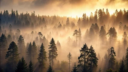 Poster Dense forest at dusk with a misty atmosphere and silhouetted trees in shades of grey and brown, dusk, wilderness, autumn, mist, grey