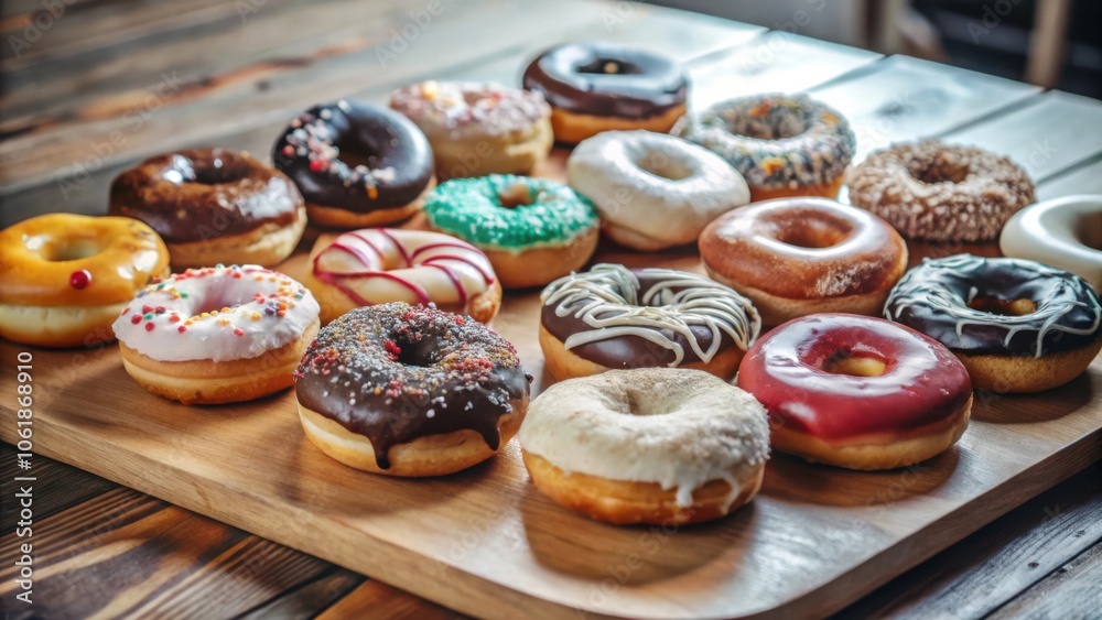 Poster A delectable array of freshly glazed donuts, each with a unique topping and color, sits on a rustic wooden cutting board, showcasing the variety and beauty of these beloved treats.