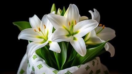 Fototapeta premium White Lilies in a Green Fabric Wrap