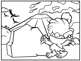 Little caveman cartoon characters, Carving an epigraph with stone hammer and chisel. Best for outline, mascot, and coloring book with prehistoric themes for kids