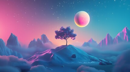Fantasy Landscape with Tree and Planet