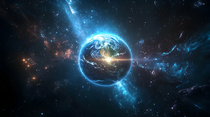 Earth in Space with Glowing Nebula, planet, stars, universe, galaxy, cosmic