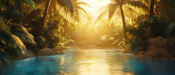 Serene oasis in a desert at sunset with palm trees and tranquil waters reflecting colorful skies