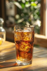 Glass of Iced Cola with Ice Cubes on a Wooden Table