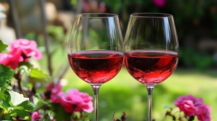 Two glasses of red wine are in front of beautiful pink flowers