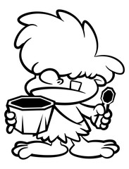 Little Cave man cartoon characters, eating hot soup with stones spoon and bowl. Best for coloring book, logo, and outline with healthy food themes for kids