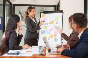 A group of Asian businessmen is Meeting to discuss presentations exchange knowledge Presentation about office work