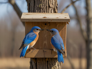 Obraz premium A pair of Eastern Bluebirds on a nesting box in Spring.
