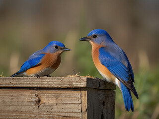 Obraz premium A pair of Eastern Bluebirds on a nesting box in Spring.