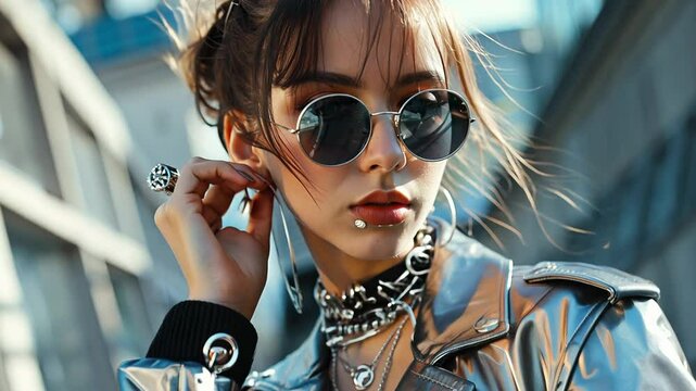 Fashionable woman wearing Y2K reflective jacket and sunglasses in urban setting