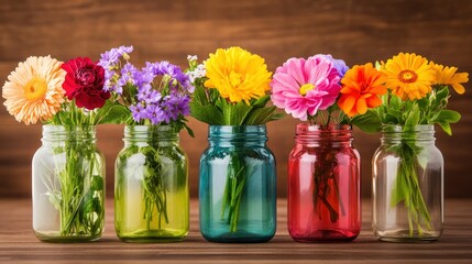 Fototapeta premium Colorful Flowers in Mason Jars on Wooden Background