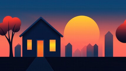 Fototapeta premium A silhouette of a house against a colorful sunset, surrounded by trees and city buildings, creating a serene and inviting atmosphere.