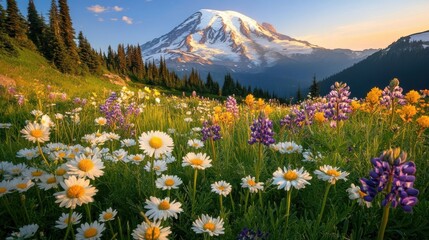 Obraz premium A stunning view of Mount Rainier surrounded by colorful wildflowers during sunset in Washington