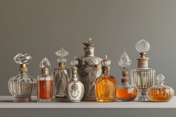 A curated set of classic perfume bottles with decorative, vintage stoppers, evoking the timeless sophistication and glamour of historical fragrance collections 