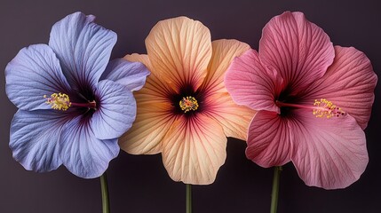 Fototapeta premium Three Hibiscus Flowers in Blue, Peach, and Pink