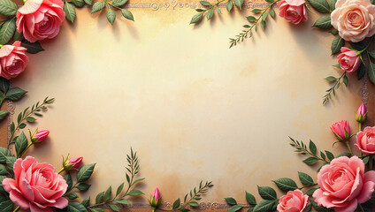 Pink Rose Floral Frame Victorian Paper Style with Beige Background and Green Leaves
