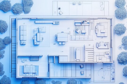 A detailed floor plan blueprint of a modern house featuring a dedicated home office and a personal gym, emphasizing the design principles of contemporary house construction tailored for the work-from