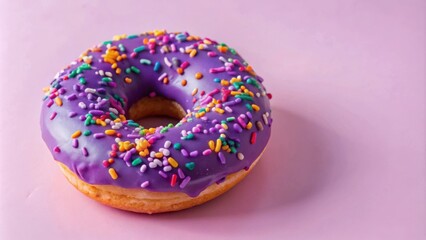 A single purple donut with colorful sprinkles, a tempting and sugary treat on a pink background