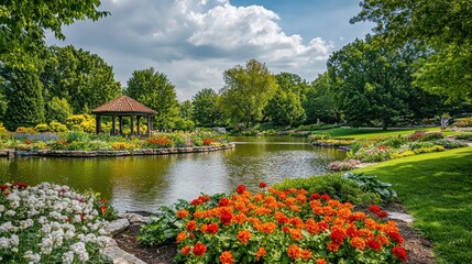 Fototapeta premium A tranquil view of vibrant flowers surrounding a serene pond in Powell's beautiful gardens on a sunny day