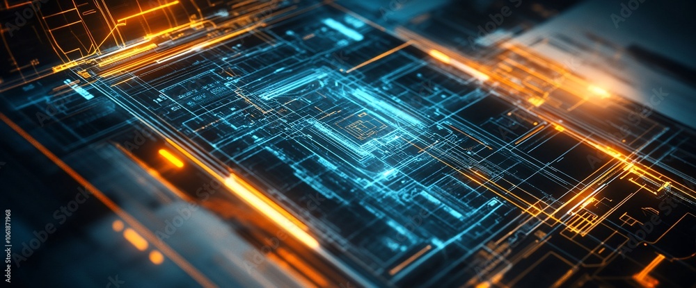 Poster abstract digital circuit board with glowing lines and blue and orange light.