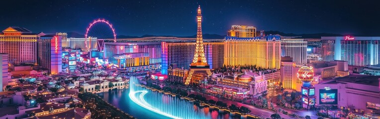A stunning view of the Las Vegas Strip illuminated at night showcasing vibrant lights and iconic landmarks along the famous boulevard