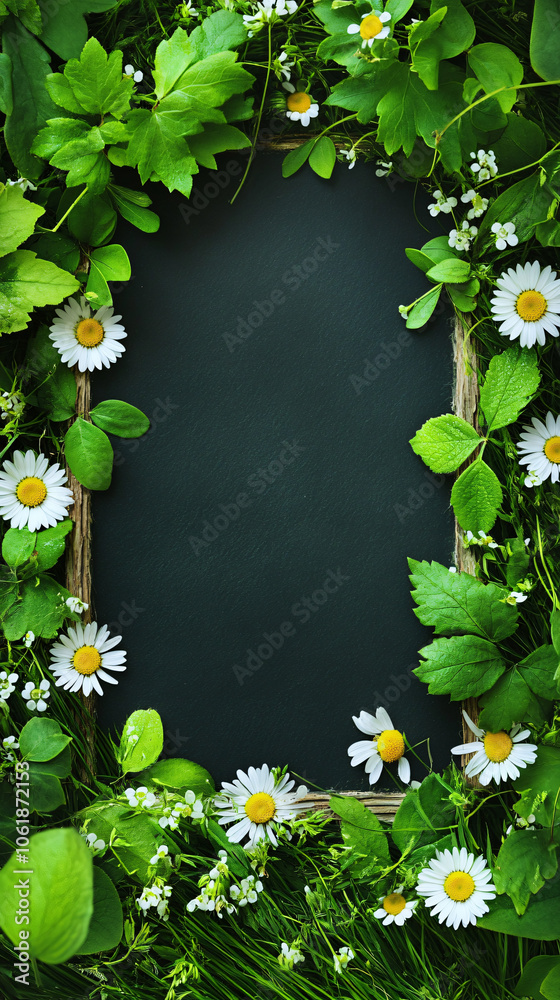Aufkleber blackboard with wooden frame on grass surrounded by flowers, providing ample space for text