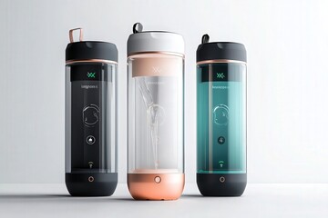 Obraz premium A smart water bottle integrated with a hydration app that seamlessly syncs with fitness trackers, showcasing a modern and innovative design for enhancing personal wellness and hydration management